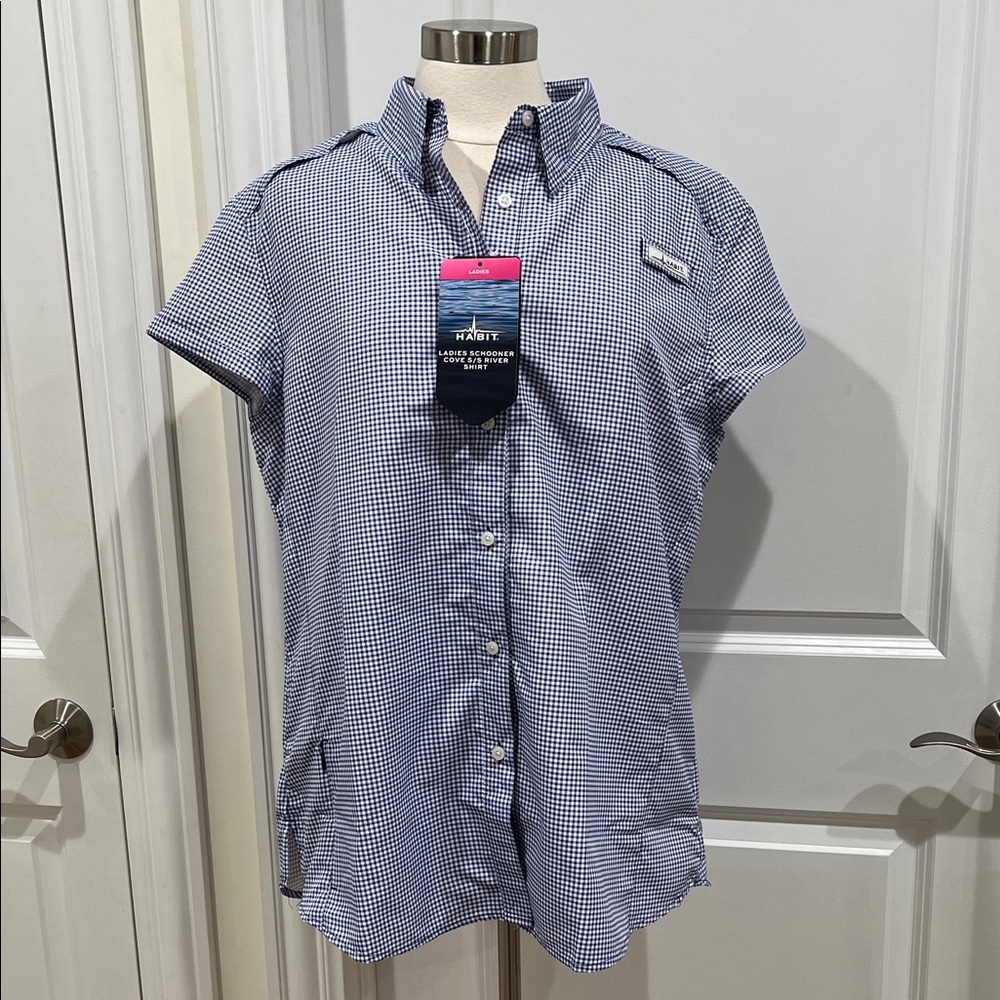 New! Habit Schooner Cove Short Sleeve River Shirt Blue Gingham Women's XL ‎ NWT